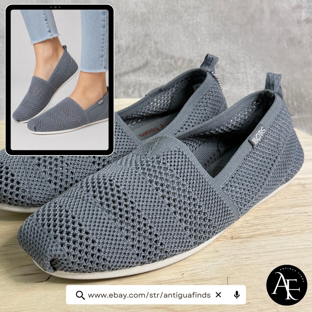 Skechers BOBS Women 8.5 Grey Knit Memory Foam Slip On Flats 33406 Peace and Love